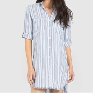 Anthropologie Cloth & Stone Linen Blend Shirt Dress L Blue Striped Long Sleeve